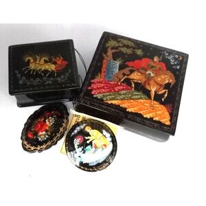 RUSSIAN Lacquer Collection Boxes and Brooches Nesterov Palekh  Troika 1999 PLUS